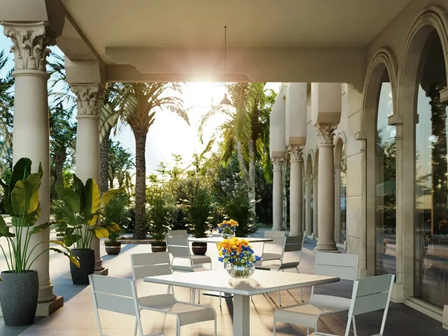 Outdoor tables and chairs representing honeycomb panel furniture uses