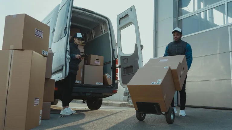 Flat-packed panel cartons being unloaded from a delivery van