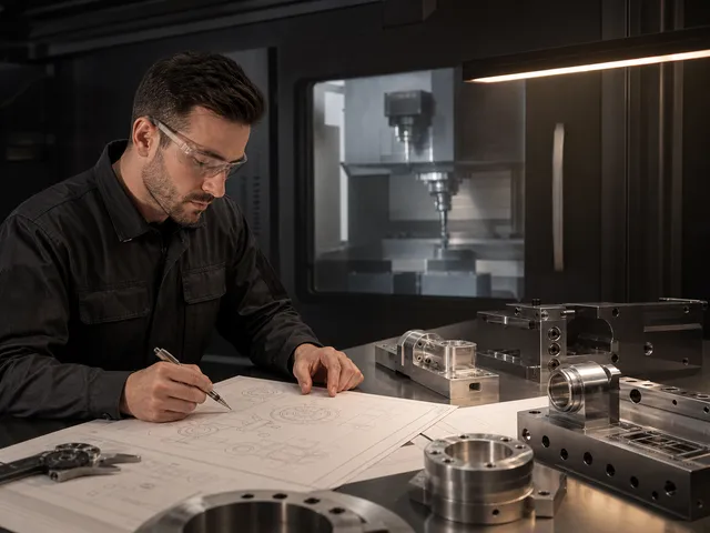 Engineer reviewing a production drawing beside machined parts