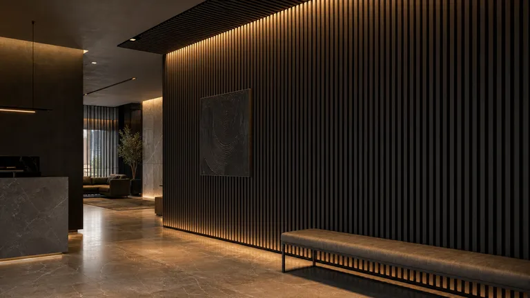 Black aluminium battens across a finished feature wall and ceiling