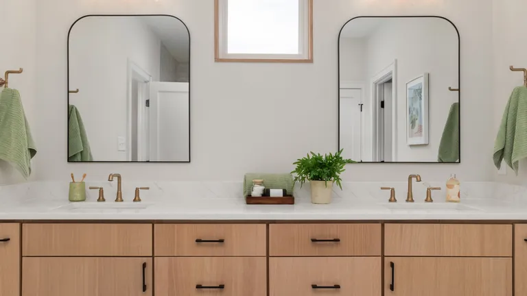 Warm timber double vanity with bathroom storage cabinets